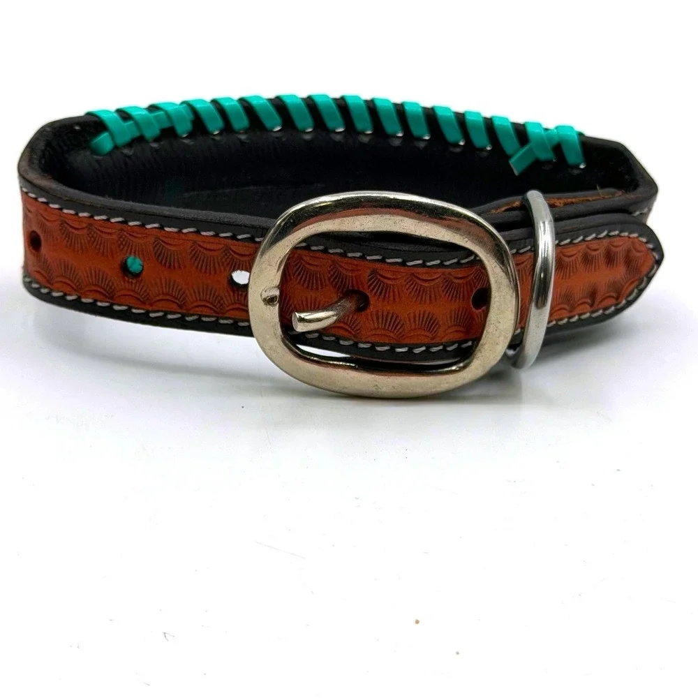 Myra Bag Full Bloom Tooled Leather Dog Collar Brown Turquoise Whipstitch Small